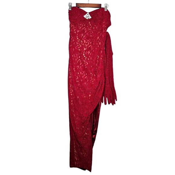 Nana Jacqueline Scarlett Red Velvet Strapless Maxi Dress M Gloves Crystal Broach - Picture 3 of 12